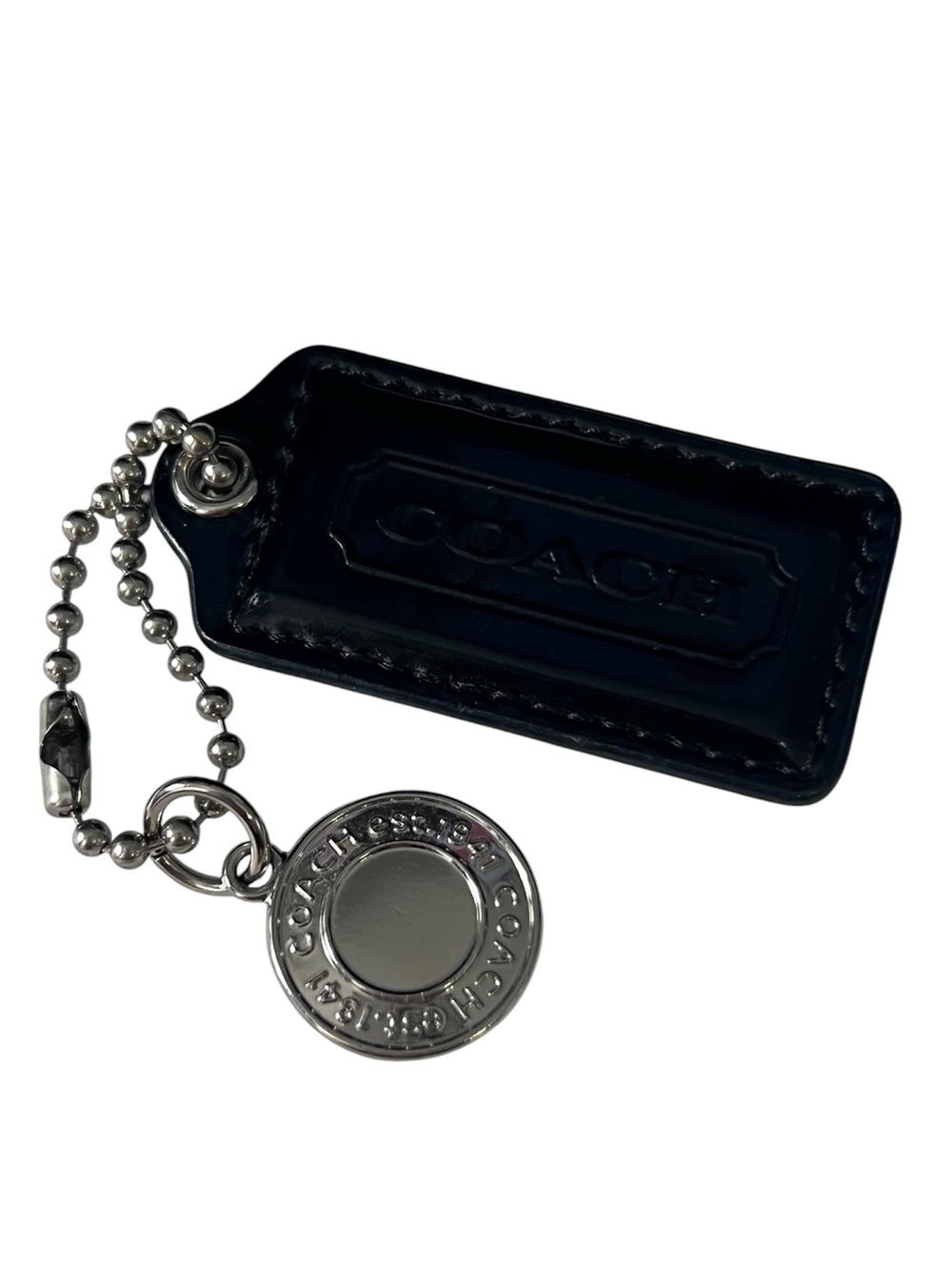 Coach Black Patent Leather Key Fob Drop Tag Silver Tone Charm Chain 2.5"